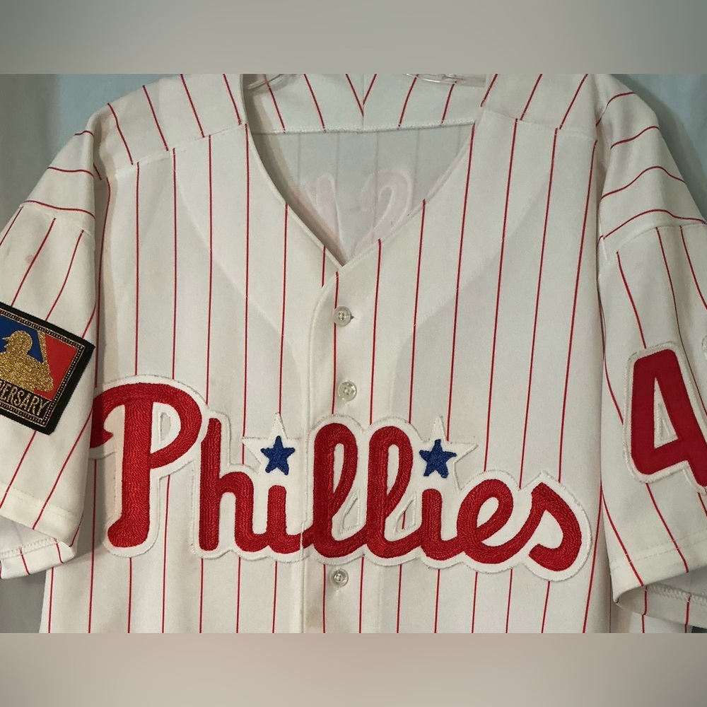 Vintage Phillies White Pinstripe Baseball Jersey with Red Script Boskie 45 - Picture 2 of 8